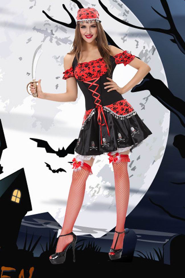 F1441 Black Red Skull Lady Pirate Costume.